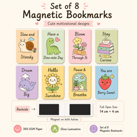 Cute Motivational Magnetic Bookmarks Set of 8 – Pastel Kawaii Bookmarks for Book Lovers