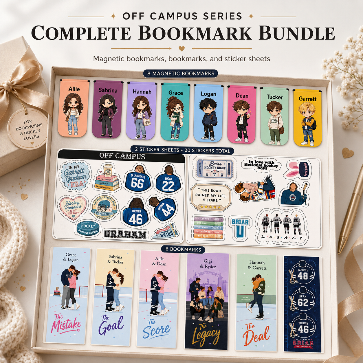 Off Campus Series Stationery Bundle – 8 Magnetic Bookmarks, 6 Bookmarks & 2 Sticker Sheets